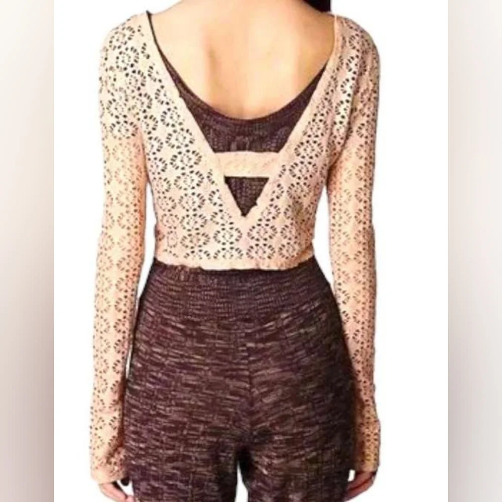 FREE PEOPLE BEACH Cream Lurex Crochet Long Sleeve Boho Top Blouse Sz Small